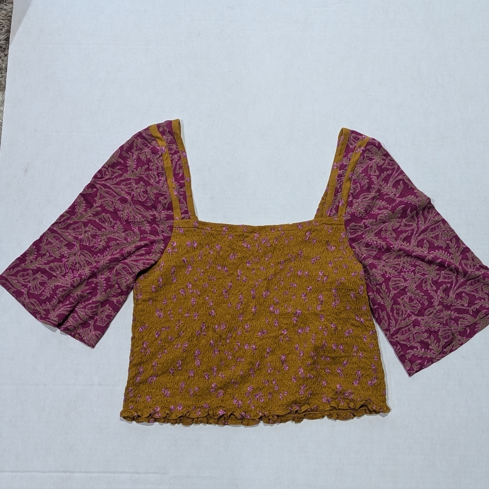 FREE PEOPLE Mustard Yellow Crop Top 3/4 wing Pink Floral Sleeves- Size XL *NWT - Picture 10 of 12